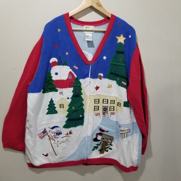 The Quacker Factory Sweater Womens 2X Blue Red Christmas Cardigan Art to Wear - Picture 1 of 8